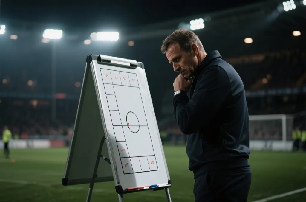 足球教练在战术板前沉思，紧张的备战氛围